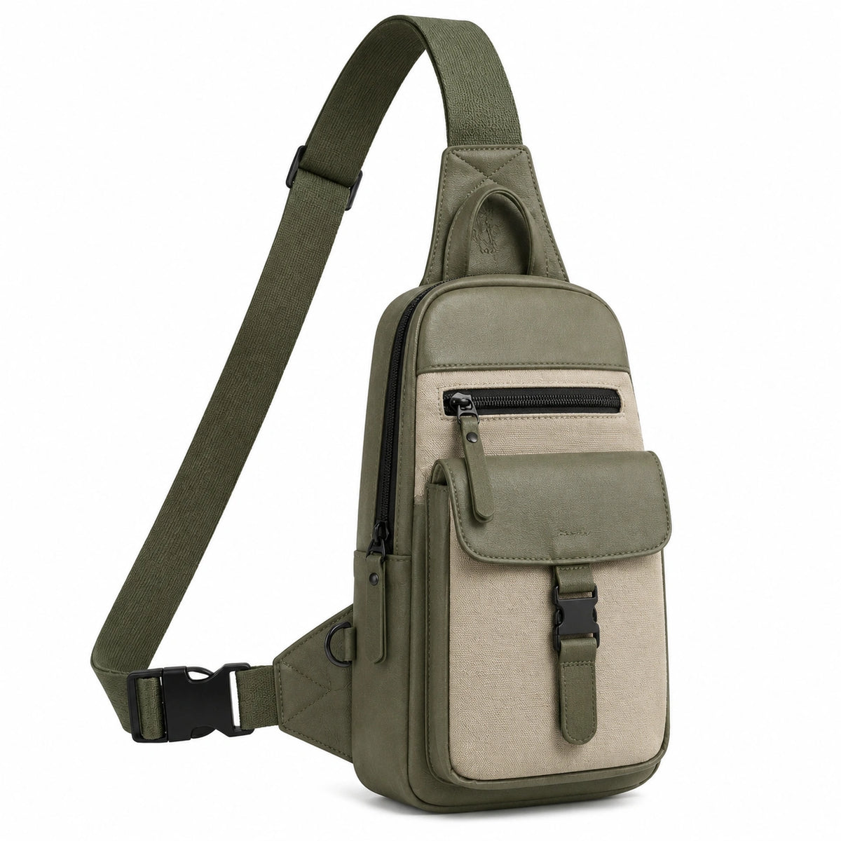 Bolso bandolera 17 x 10 x 31 cm de piel sintética y lona verde caqui con bolsillos urbanos