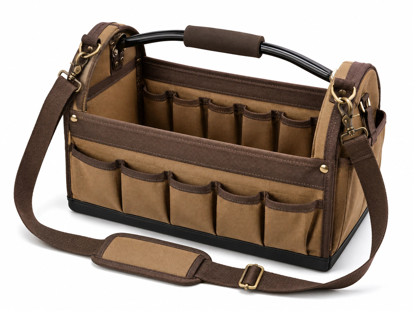 Bolsa organizadora de herramientas 40 x 20 x 28 cm de lona marrón con correa ajustable y bolsillos múltiples