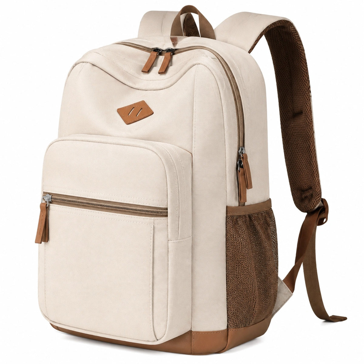 Mochila 30 x 18 x 45 cm de tejido crema y marrón con bolsillos y correas ajustables