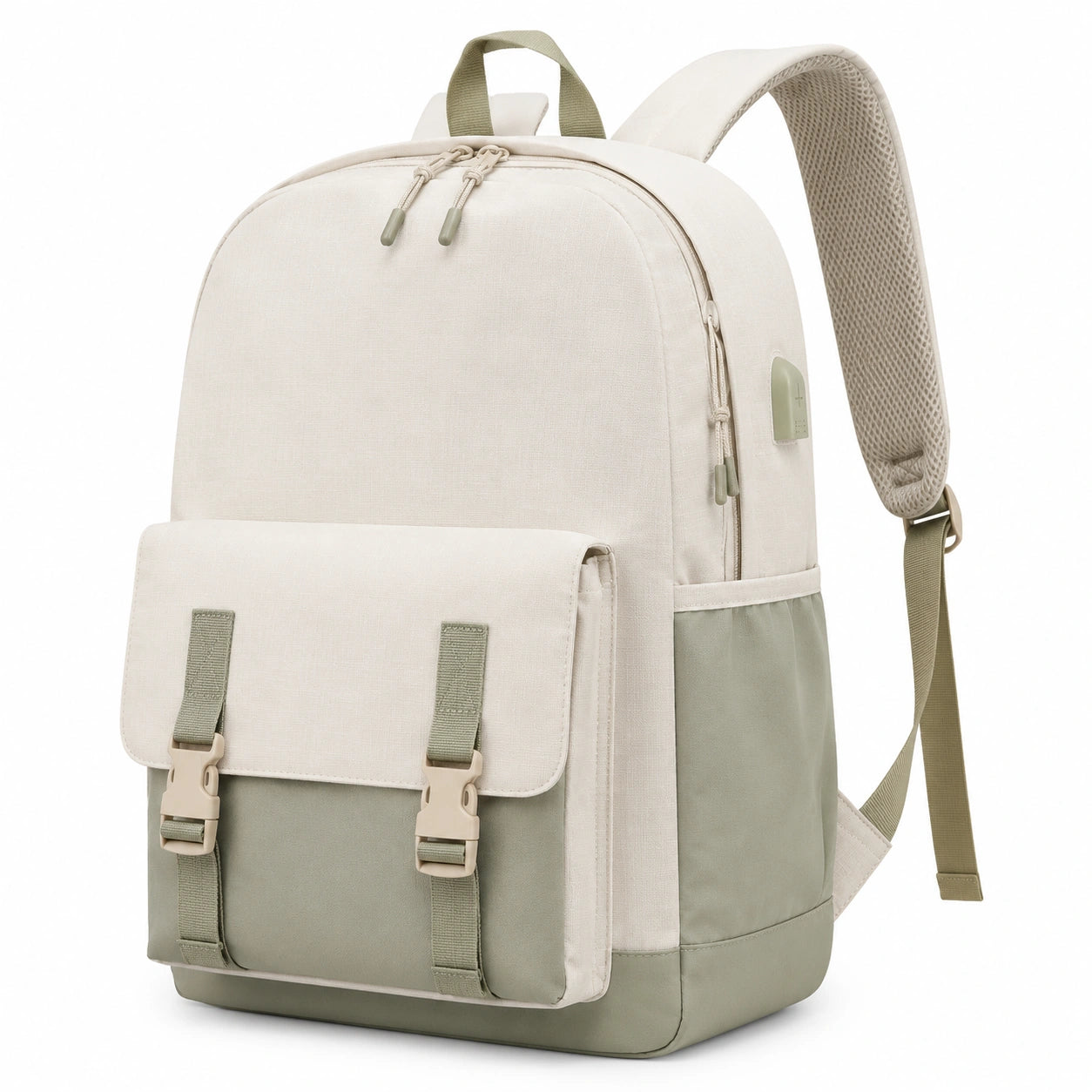 Mochila rectangular 30 x 16 x 42 cm de poliéster beige y verde con compartimentos y asa superior