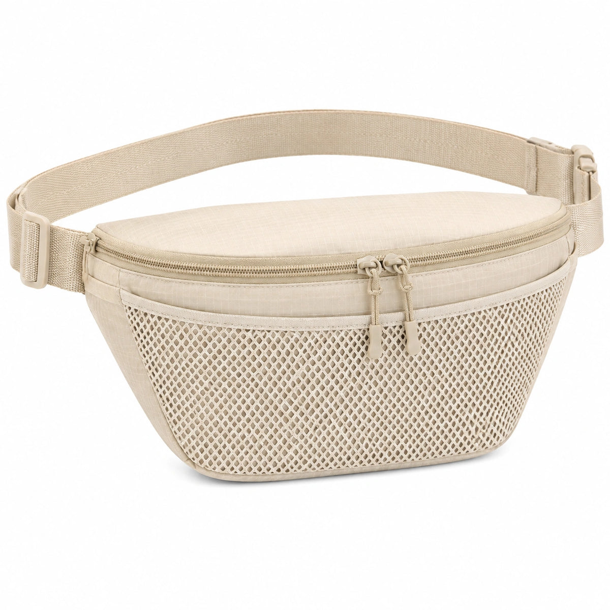 Riñonera 33 x 8 x 17 cm de tejido beige con malla y correa ajustable