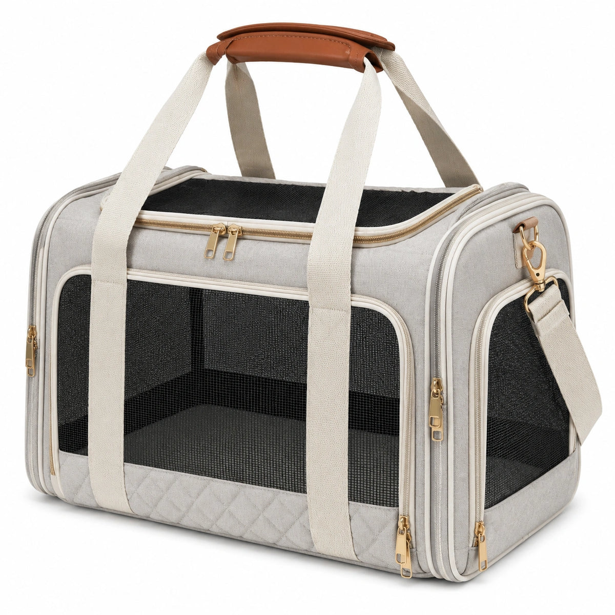 Bolsa transportín para mascotas 45 x 28 x 30 cm de tejido sintético beige con malla y correa ajustable