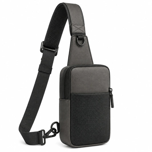 Bolso bandolera compacto 17 x 10 x 5 cm de cuero sintético negro para uso diario con correa ajustable