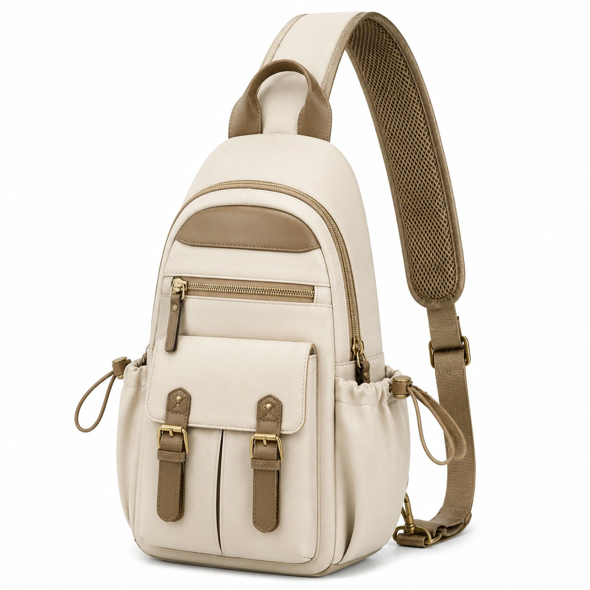 Mochila bandolera 18 x 10 x 31 cm de piel sintética beige y marrón con bolsillos estilo casual
