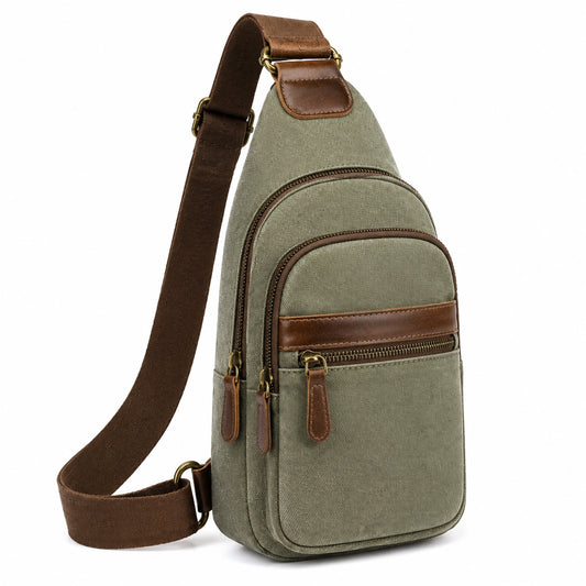 Bolso bandolera 18 x 8 x 32 cm de lona verde oliva y marrón con bolsillos con cremallera