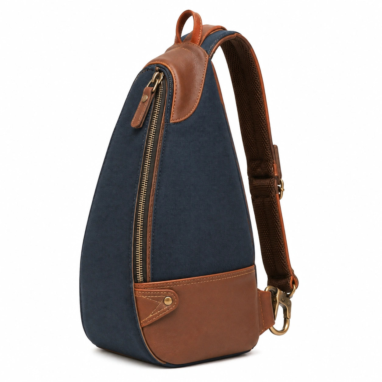 Mochila bandolera 18 x 8 x 34 cm de tejido azul marino y material sintético marrón con cremallera para uso diario