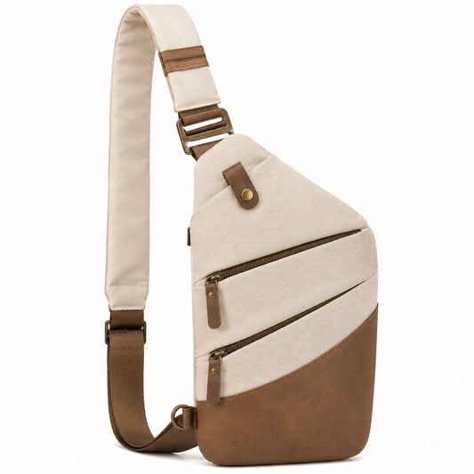 Bandolera 18 x 8 x 32 cm de lona beige y polipiel marrón con bolsillos con cremallera
