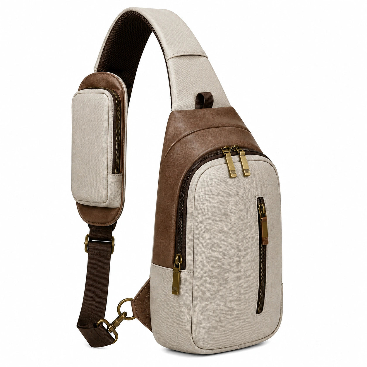 Bolso bandolera 18 x 8 x 34 cm de tejido beige y material sintético marrón con bolsillos y correa ajustable