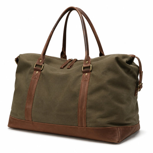 Bolsa de viaje 50 x 25 x 30 cm de lona verde oliva y material sintético marrón con cierre de cremallera