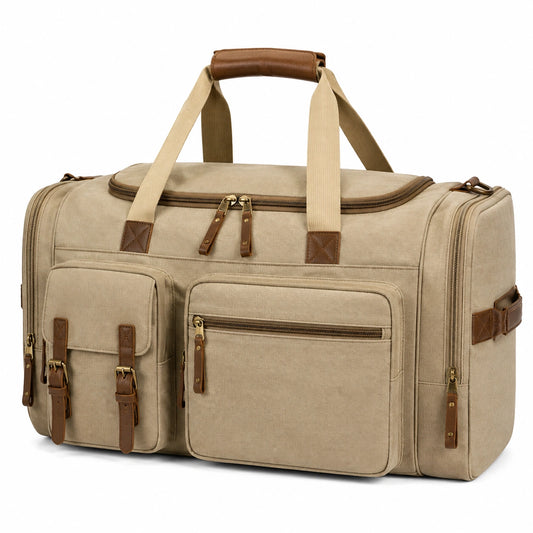 Bolsa de viaje 55 x 30 x 30 cm de lona beige y marrón con bolsillos y asas de mano