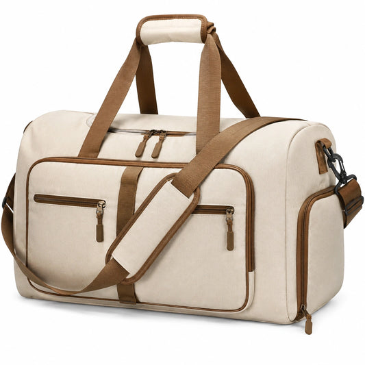 Bolsa de viaje 50 x 25 x 30 cm de lona beige con correa ajustable y bolsillos
