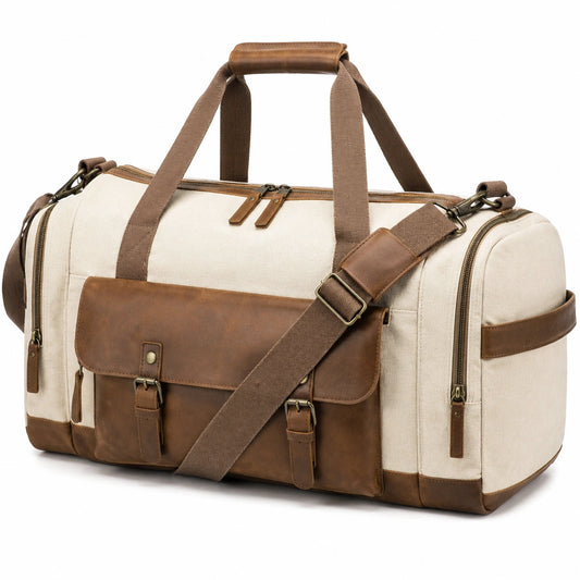 Bolsa de viaje 55 cm de lona beige y material efecto piel marrón con correa ajustable