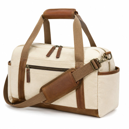 Bolsa de viaje 45 x 25 x 28 cm de lona beige y detalles marrones con correa ajustable
