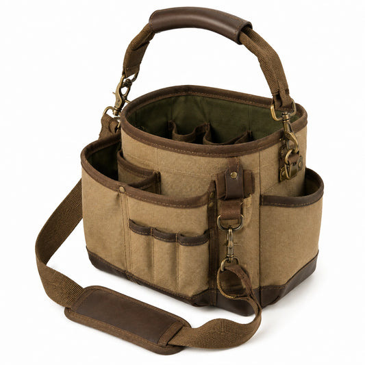 Bolsa organizadora de herramientas de lona marrón - diámetro 30 cm - diseño cilíndrico con bolsillos y correa ajustable
