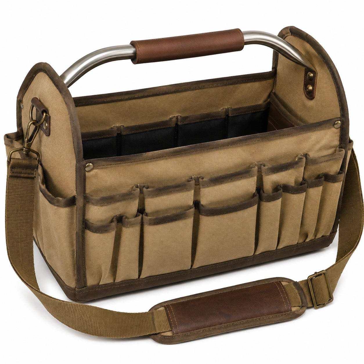 Bolsa portaherramientas 40 x 20 x 28 cm de tejido beige y marrón con bolsillos y correa ajustable