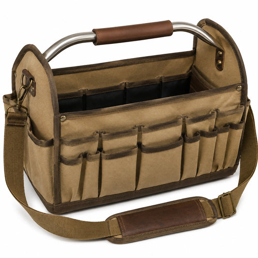 Bolsa portaherramientas 40 x 20 x 28 cm de tejido beige y marrón con bolsillos y correa ajustable