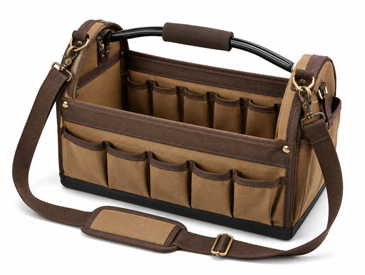 Bolsa organizadora de herramientas 40 x 20 x 28 cm de lona marrón con correa ajustable y bolsillos múltiples