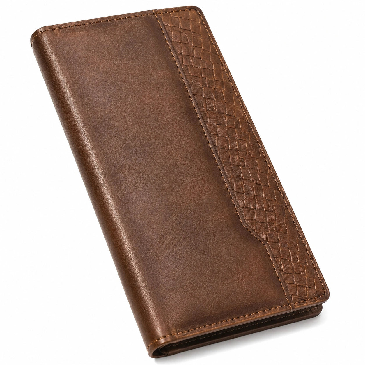 Cartera 19 x 9.5 x 2 cm de piel sintética marrón con textura trenzada plegable