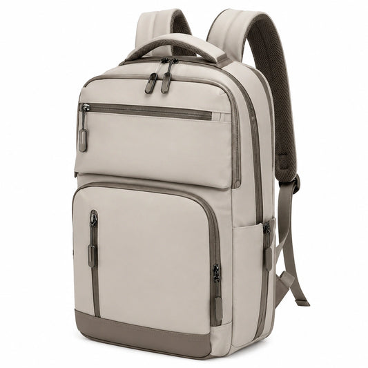 Mochila de viaje 32 x 18 x 45 cm de material sintético beige con compartimentos y asas acolchadas
