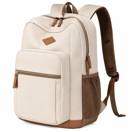 Mochila 30 x 18 x 45 cm de tejido crema y marrón con bolsillos y correas ajustables