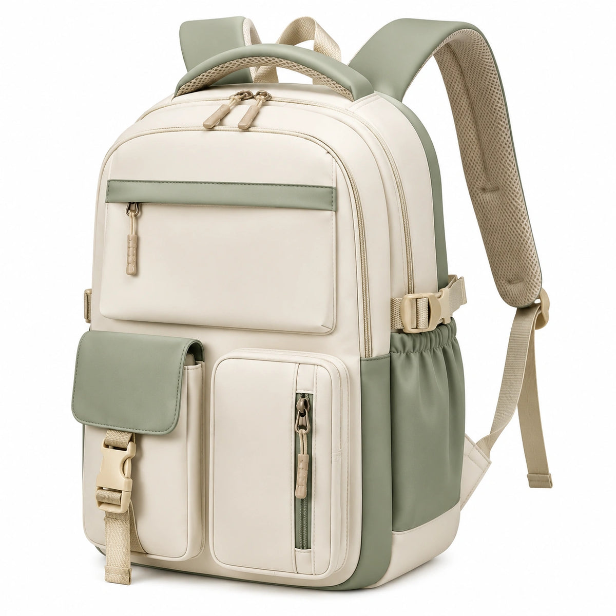 Mochila rectangular 30 x 16 x 42 cm de material sintético beige y verde con bolsillos y asa superior