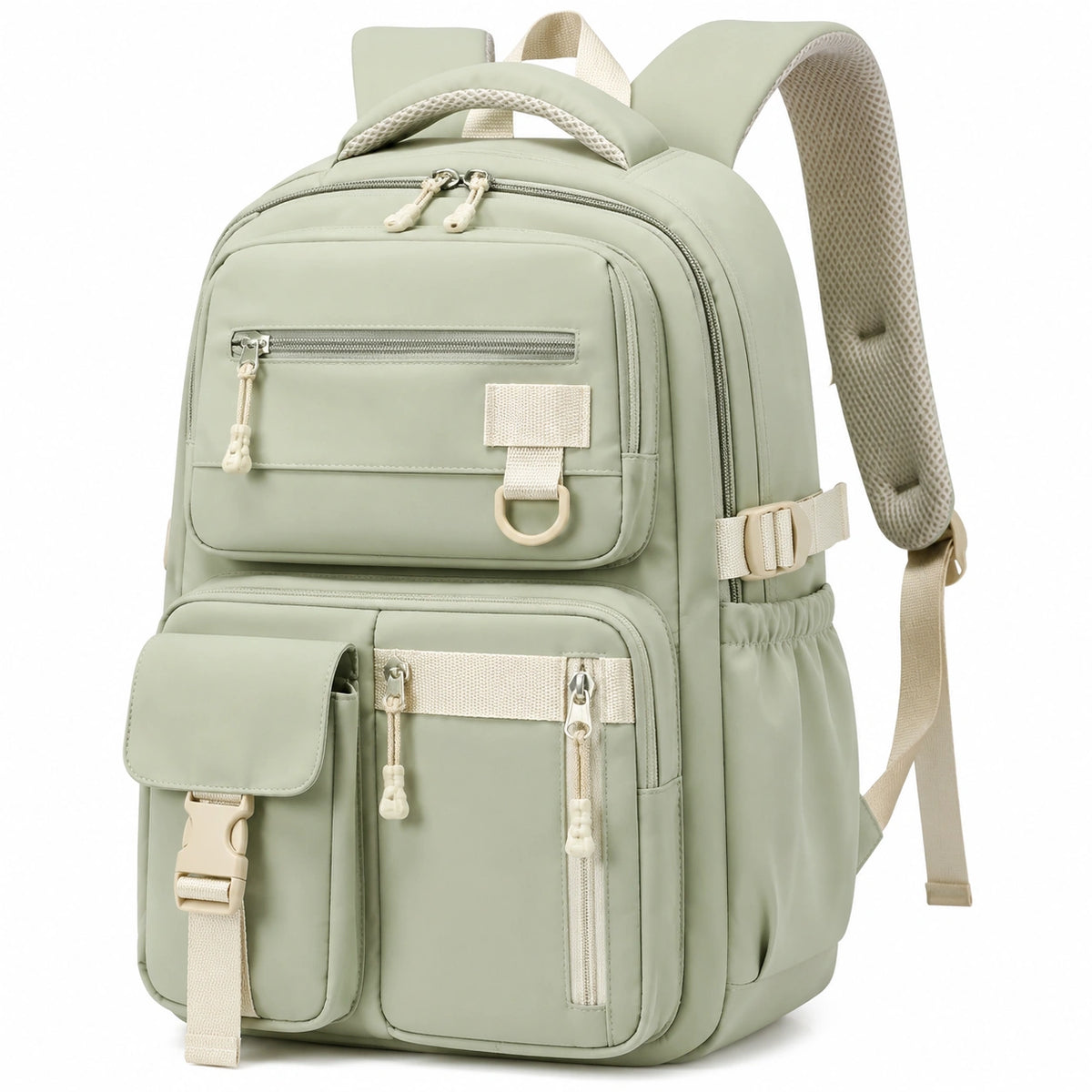 Mochila 32 x 18 x 45 cm de poliéster verde con múltiples bolsillos para uso diario