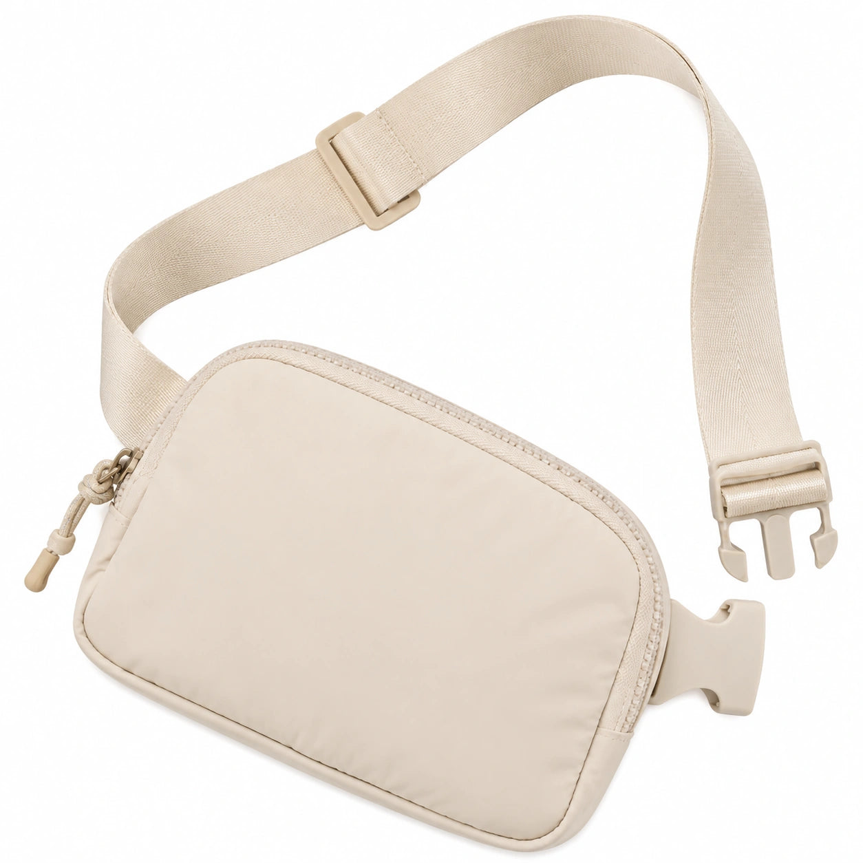 Riñonera 25 x 15 x 6 cm de tejido sintético beige con correa ajustable y cierre de cremallera