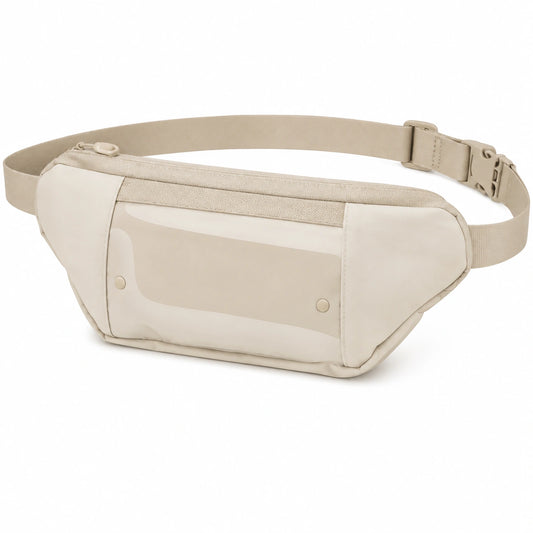 Riñonera 24 x 15 x 5 cm beige de piel sintética con bolsillo transparente y correa ajustable