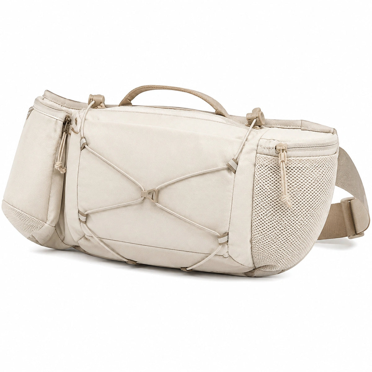 Riñonera 38 x 10 x 18 cm de tejido sintético beige para viaje con bolsillos múltiples
