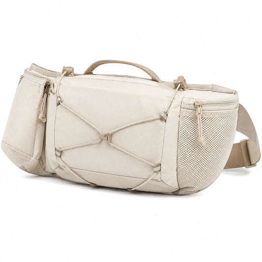 Riñonera 38 x 10 x 18 cm de tejido sintético beige para viaje con bolsillos múltiples