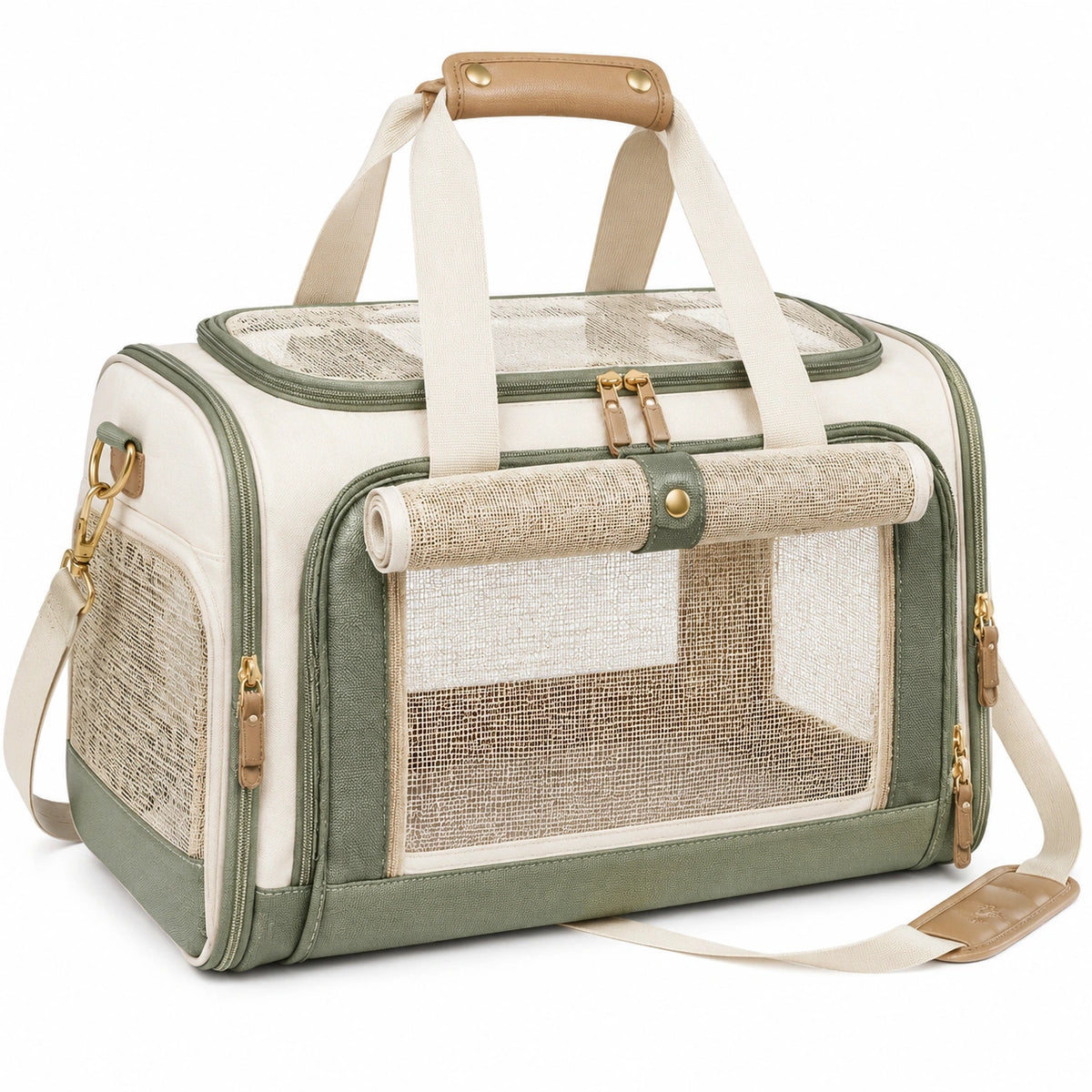 Bolsa transportín para mascotas 45 x 28 x 30 cm de tela y malla verde y beige con ventilación