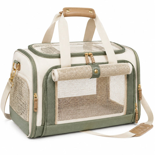 Bolsa transportín para mascotas 45 x 28 x 30 cm de tela y malla verde y beige con ventilación