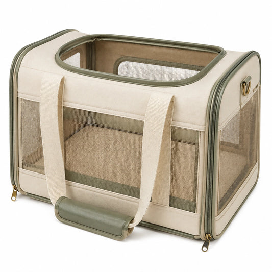 Transportín para mascotas 45 x 28 x 28 cm de tela beige y verde con malla transpirable plegable