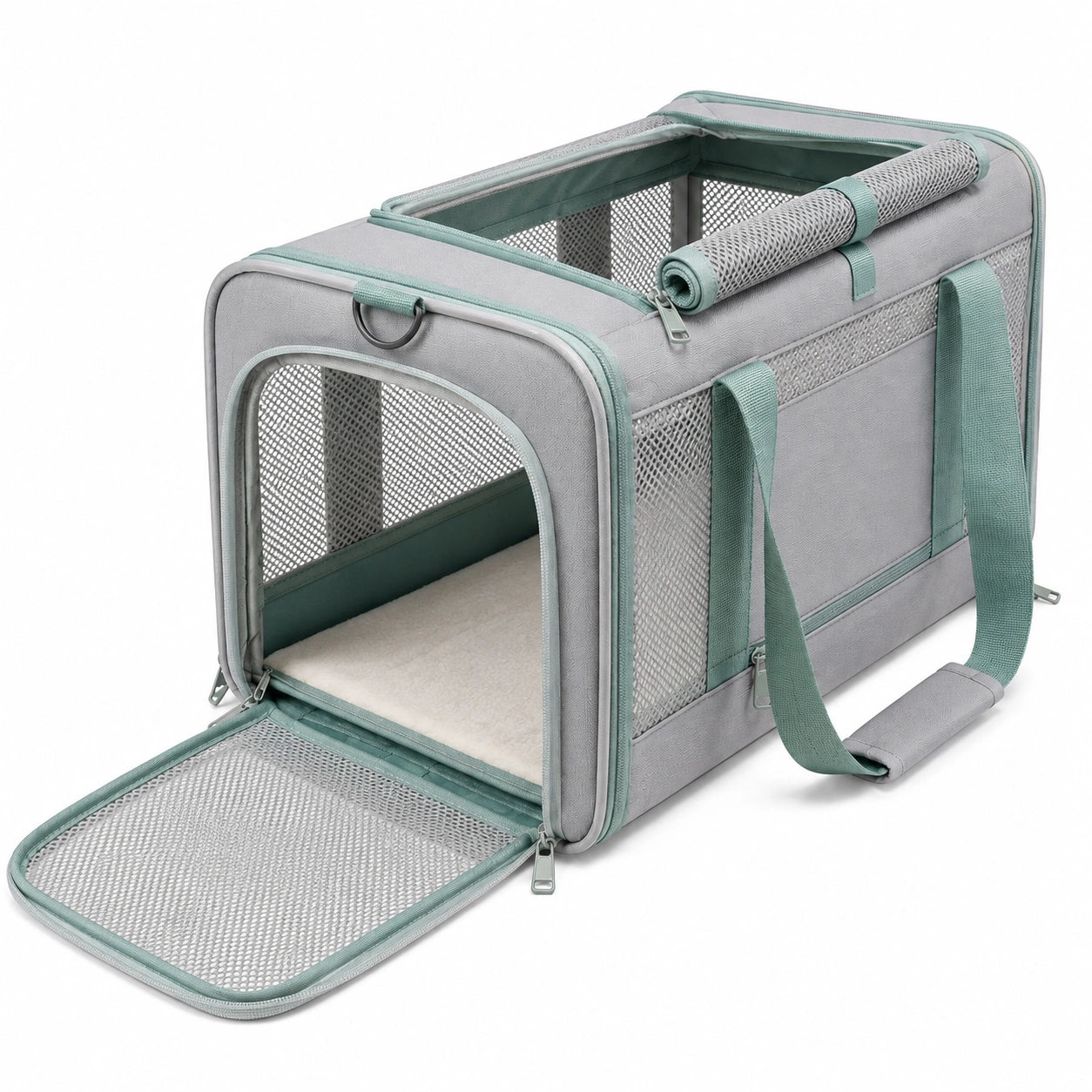 Transportín para mascotas 45 x 28 x 28 cm de poliéster gris y verde con malla plegable