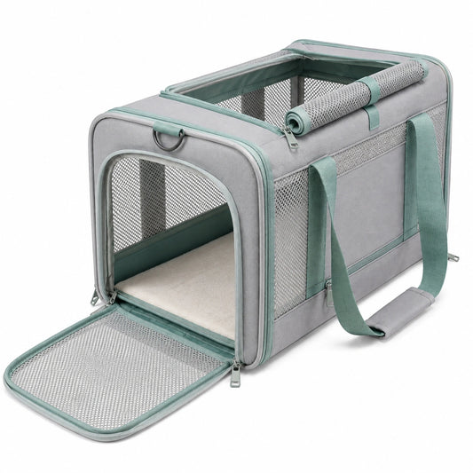 Transportín para mascotas 45 x 28 x 28 cm de poliéster gris y verde con malla plegable