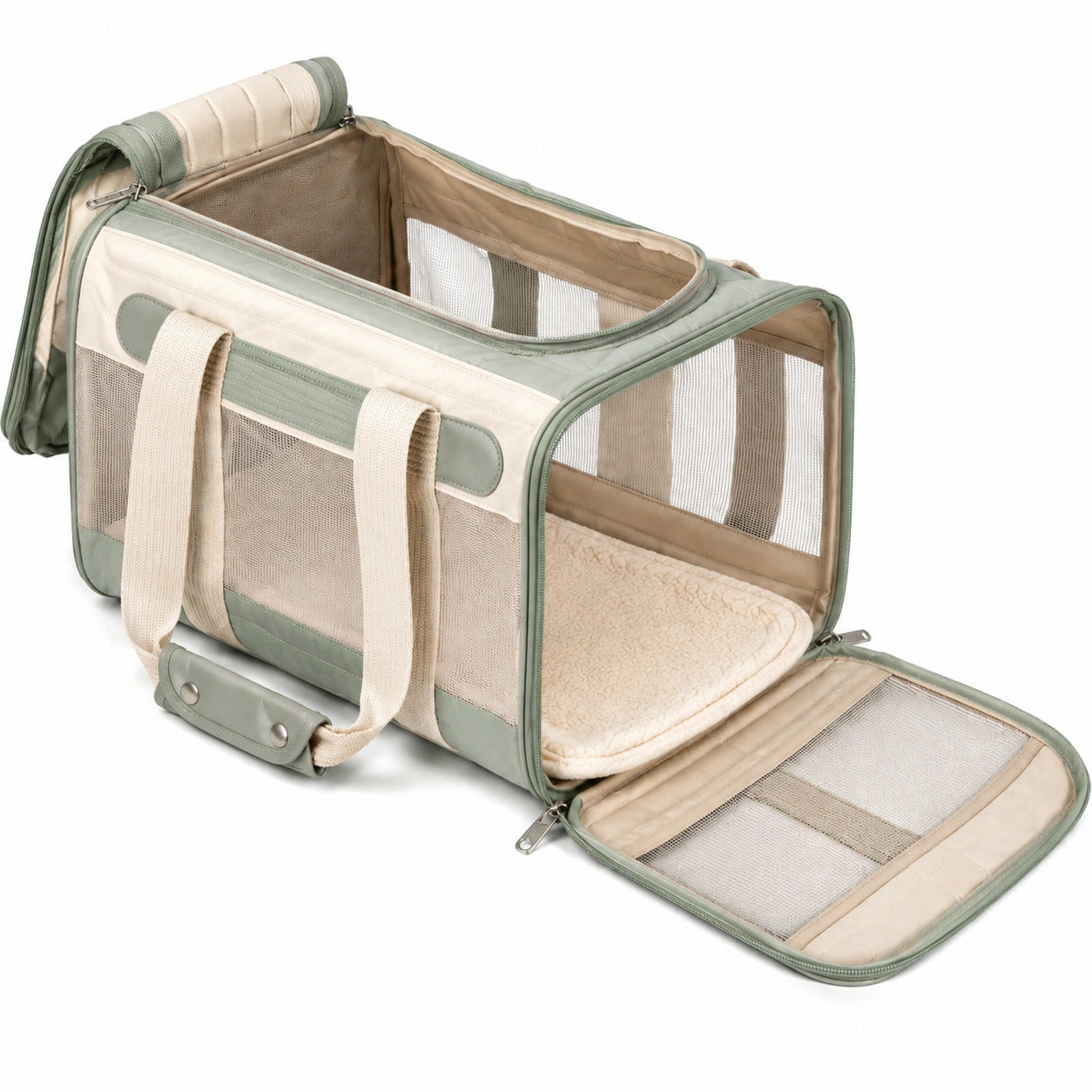 Transportín para mascotas 45 x 28 x 28 cm de tela y malla verde beige plegable