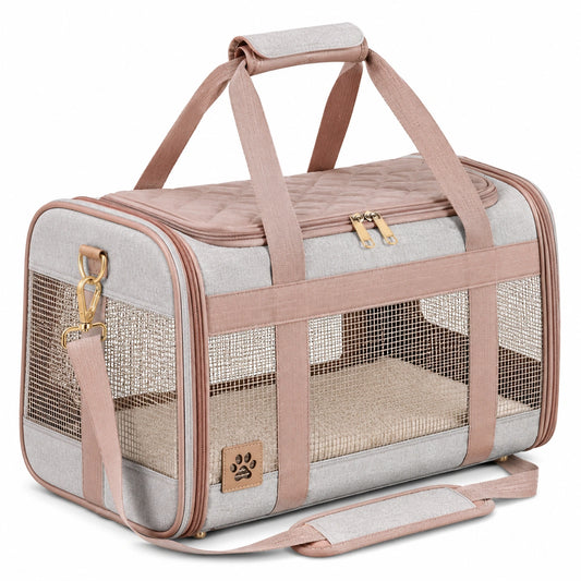 Transportín para mascotas 45 x 28 x 28 cm de poliéster gris y rosa con malla transpirable
