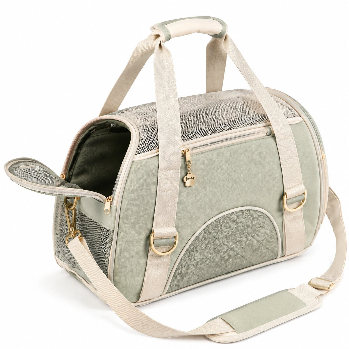 Bolso transportín para mascotas 45 x 28 x 30 cm de poliéster verde claro con paneles de malla y correa ajustable