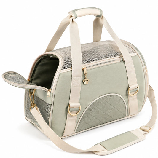 Bolso transportín para mascotas 45 x 28 x 30 cm de poliéster verde claro con paneles de malla y correa ajustable