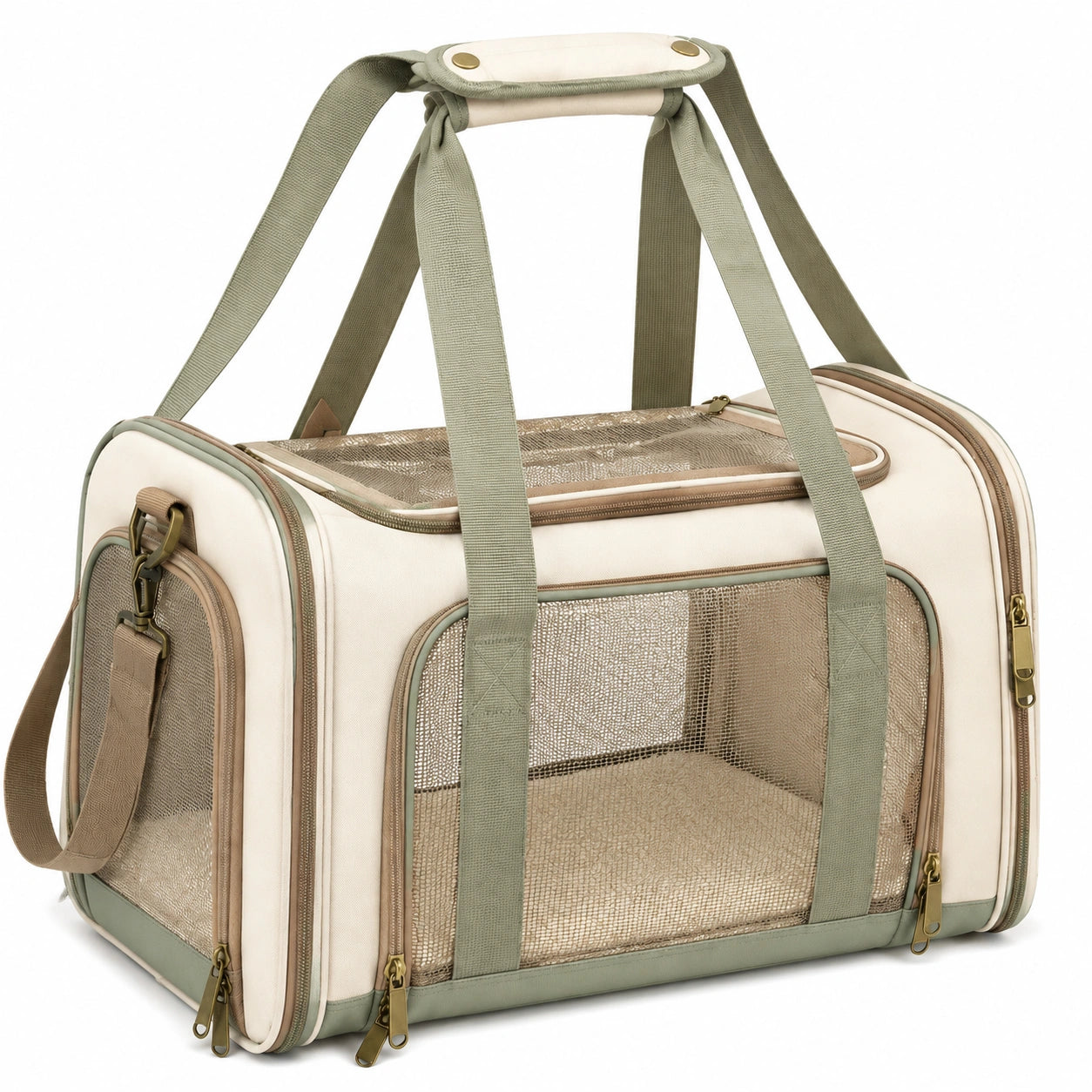 Bolsa transportín para mascotas 45 x 25 x 30 cm de tela beige y verde con malla transpirable